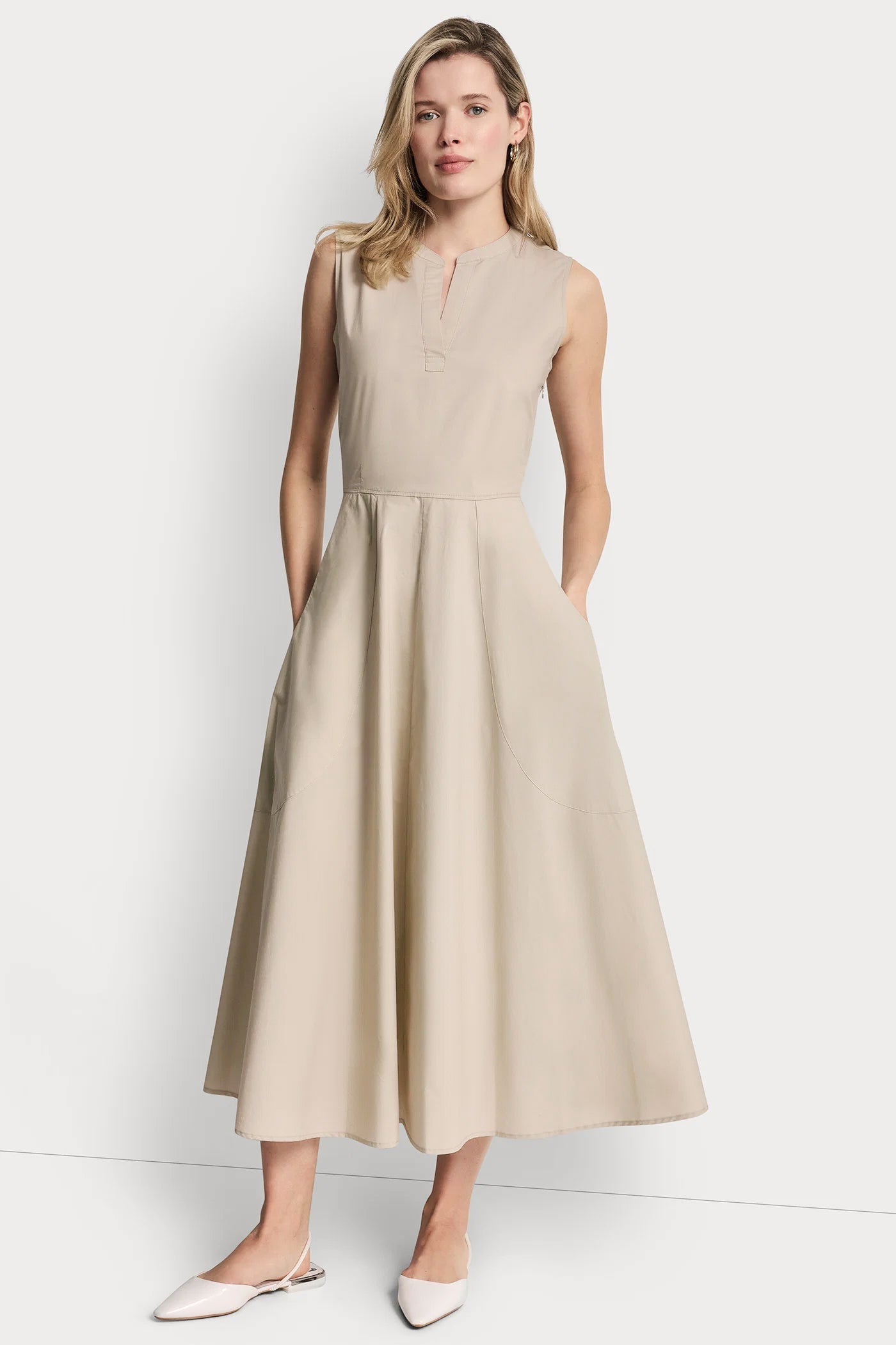 POPLIN V-NECK MIDI DRESS