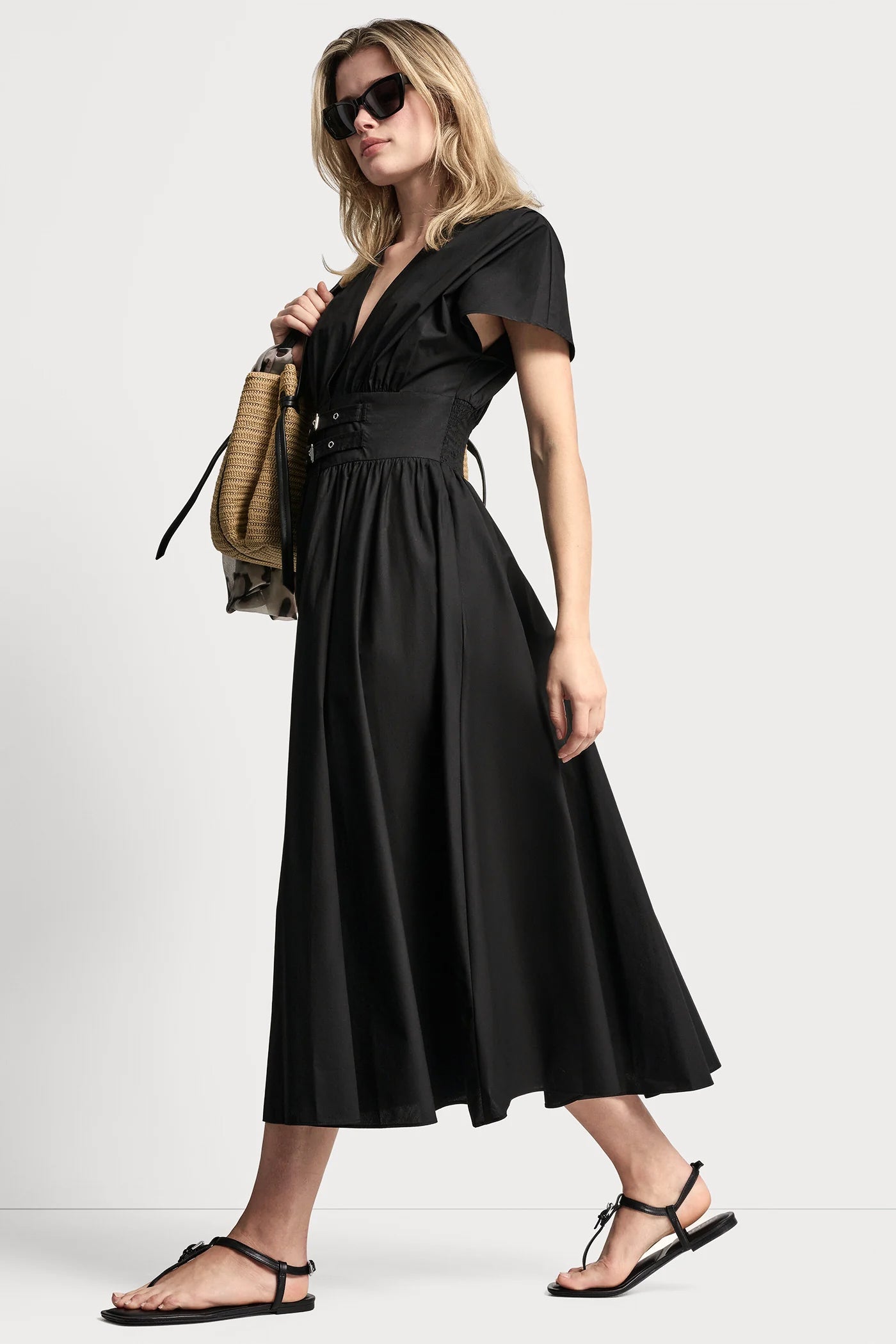 SMOCKED MIDI DRESS WITH BUCKLE