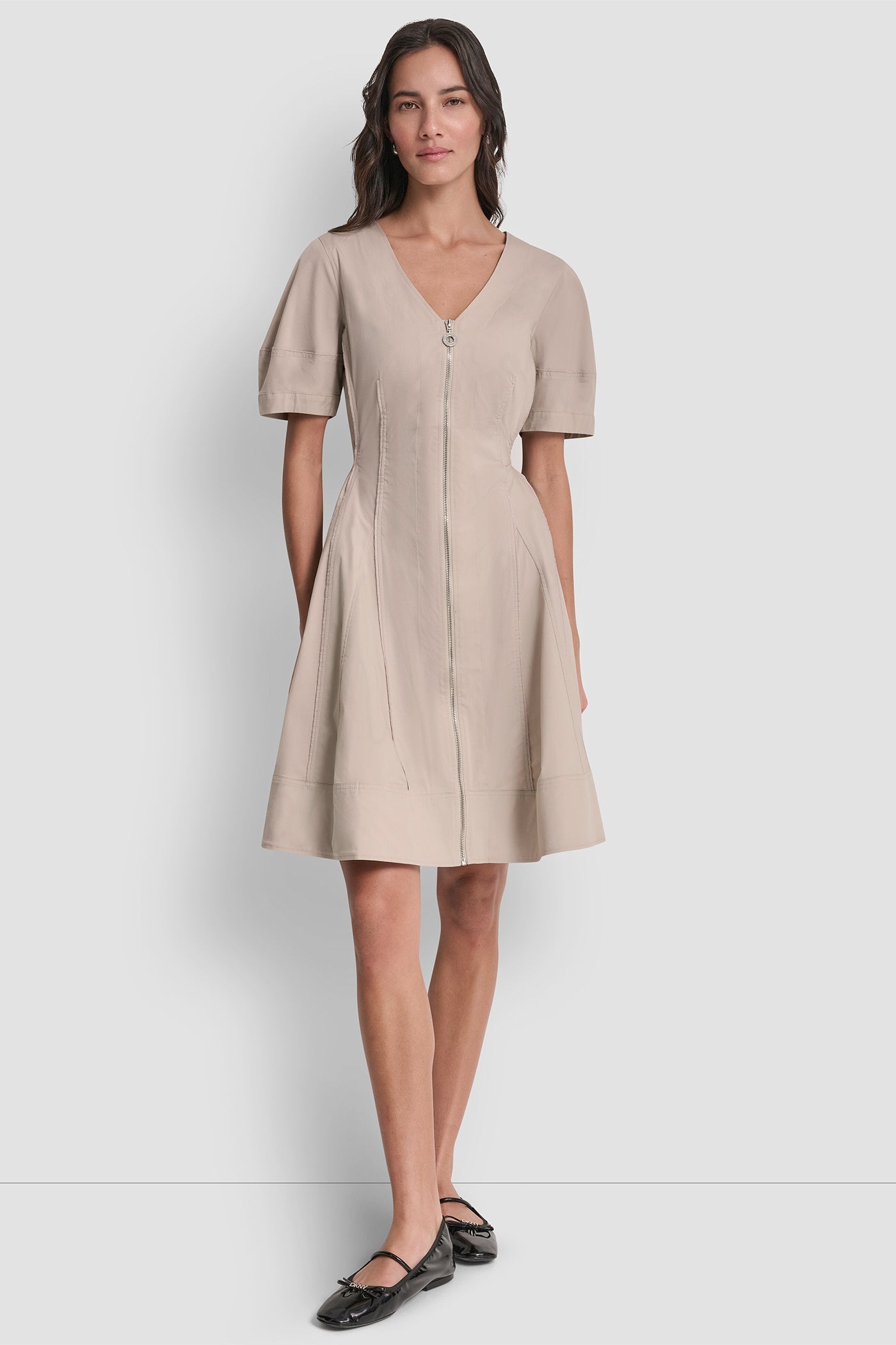 V-NECK PLEATED FIT & FLARE DRESS