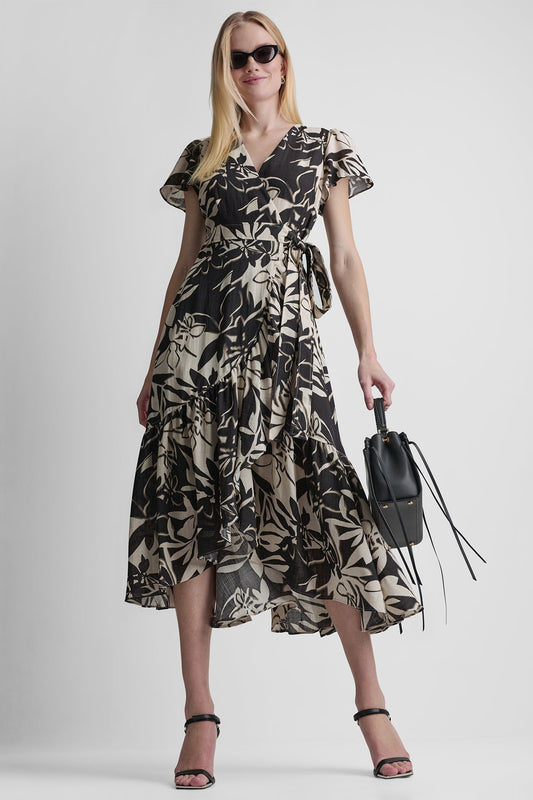 WRAP-EFFECT MIDI DRESS