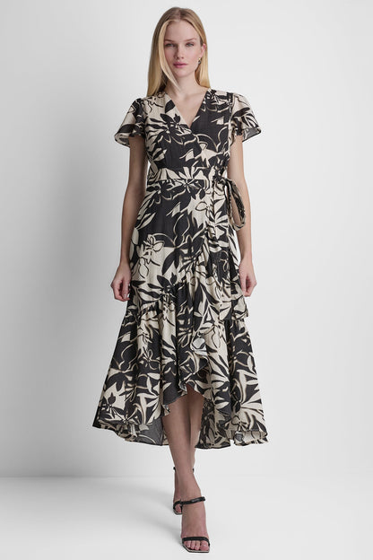 WRAP-EFFECT MIDI DRESS