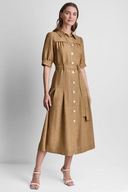 PLEATED MIDI SHIRT DRESS