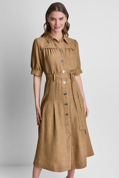 PLEATED MIDI SHIRT DRESS