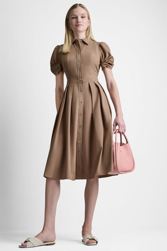 PUFF SLEEVE PLEATED MIDI SHIRT DRESS