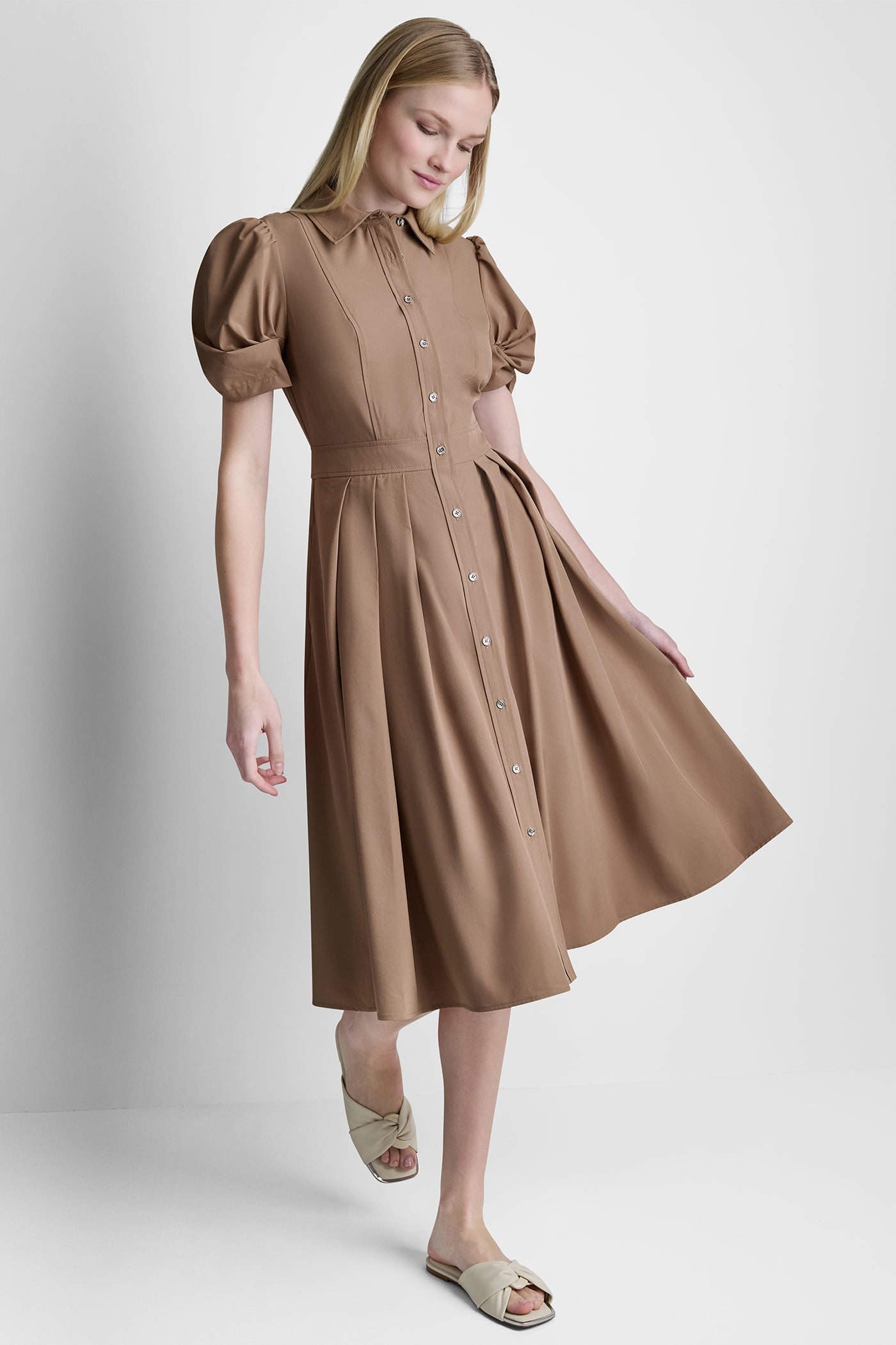 PUFF SLEEVE PLEATED MIDI SHIRT DRESS