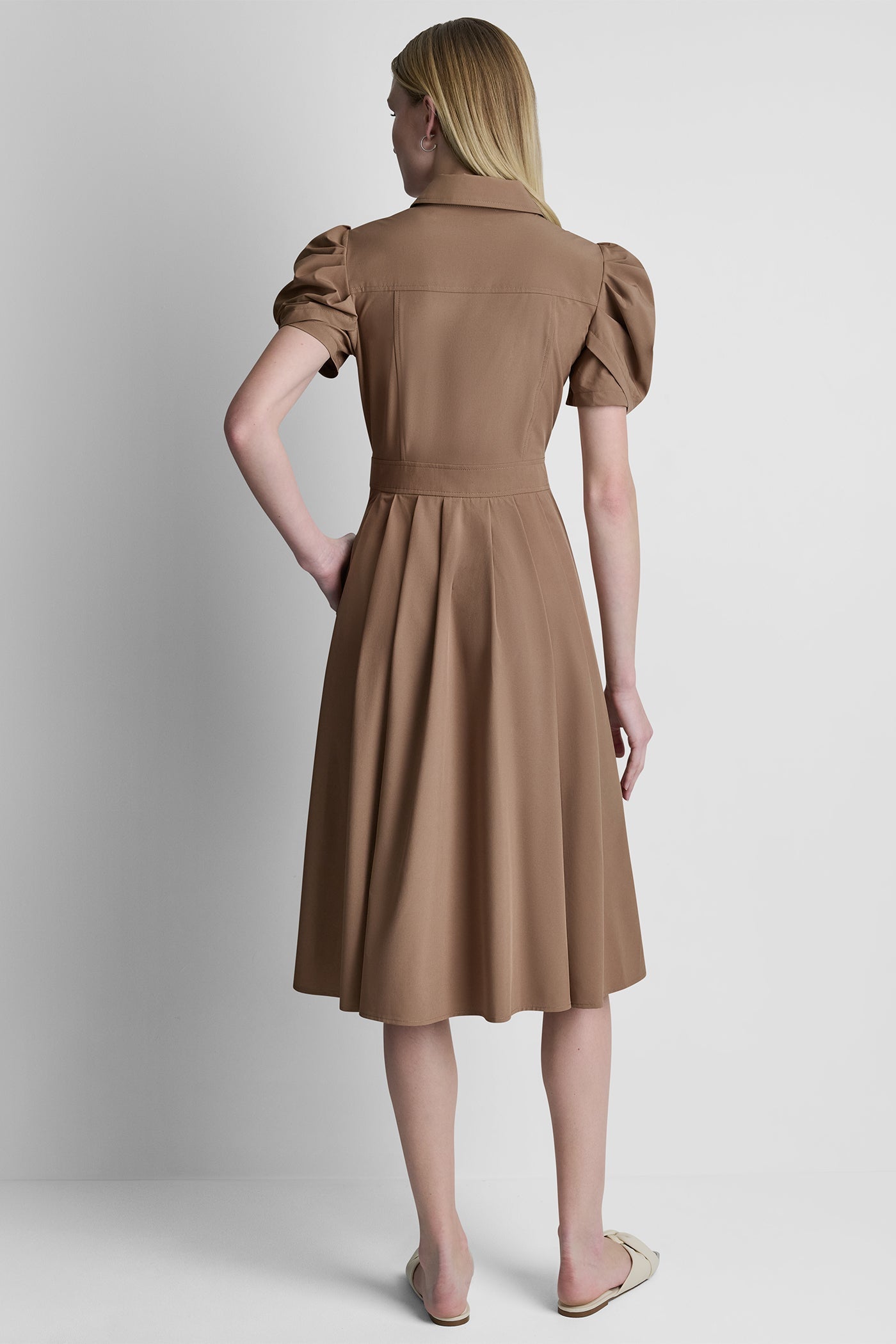 PUFF SLEEVE PLEATED MIDI SHIRT DRESS