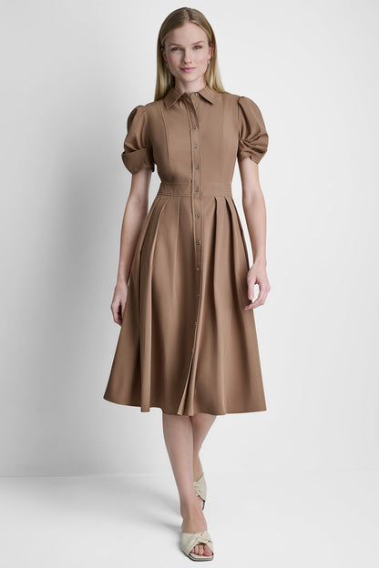 PUFF SLEEVE PLEATED MIDI SHIRT DRESS