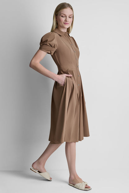 PUFF SLEEVE PLEATED MIDI SHIRT DRESS