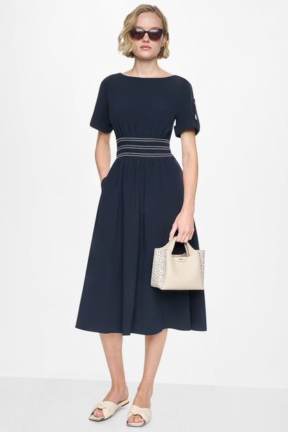 SMOCKED FIT & FLARE MIDI DRESS