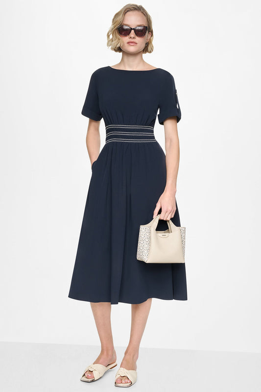 SMOCKED FIT & FLARE MIDI DRESS