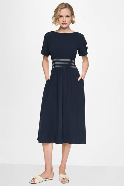 SMOCKED FIT & FLARE MIDI DRESS