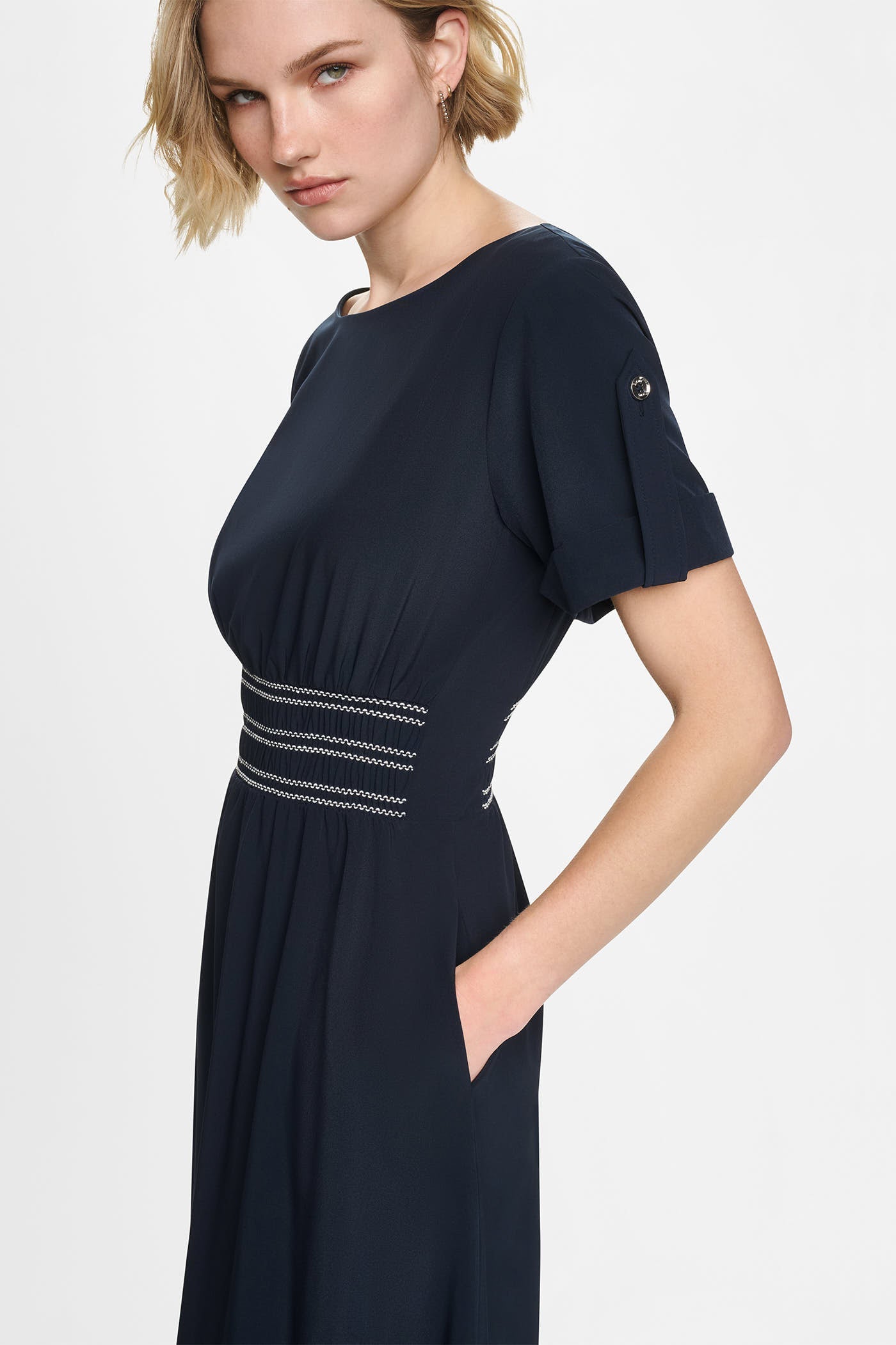 SMOCKED FIT & FLARE MIDI DRESS