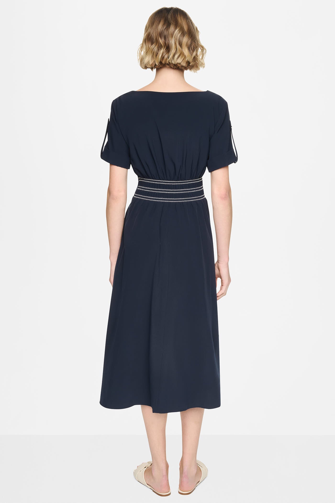 SMOCKED FIT & FLARE MIDI DRESS