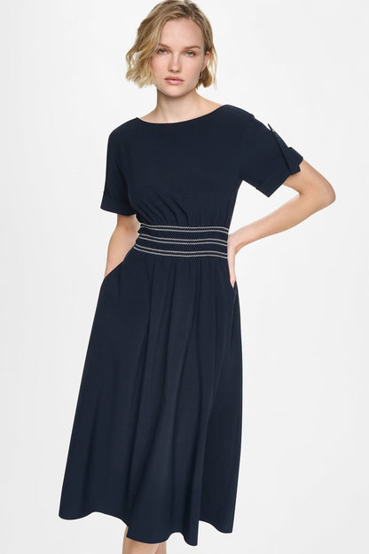 SMOCKED FIT & FLARE MIDI DRESS