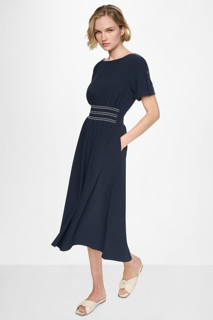SMOCKED FIT & FLARE MIDI DRESS