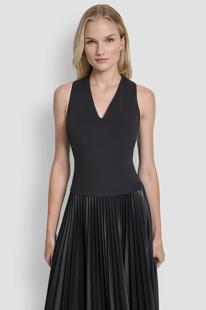 SLEEVELESS V NECK TOP WITH PLEATED SKIRT