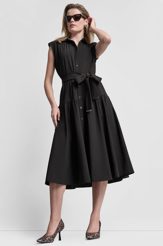 CAP SLEEVE FIT & FLARE MIDI SHIRT DRESS