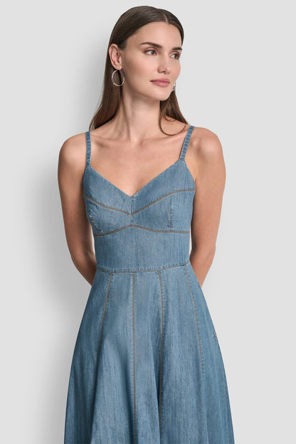 DENIM MIDI FIT & FLARE DRESS
