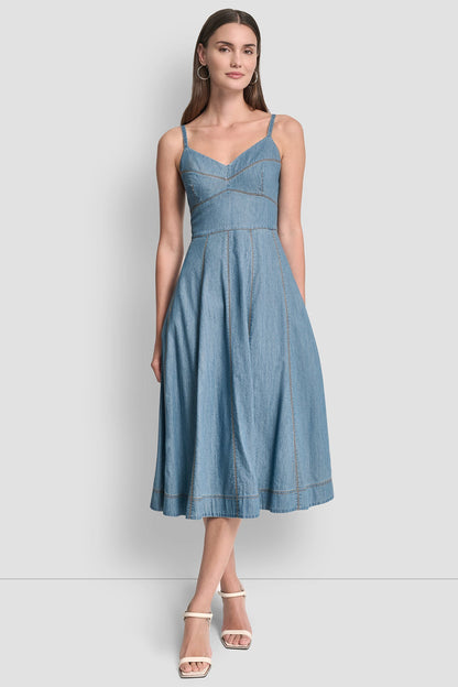 DENIM MIDI FIT & FLARE DRESS