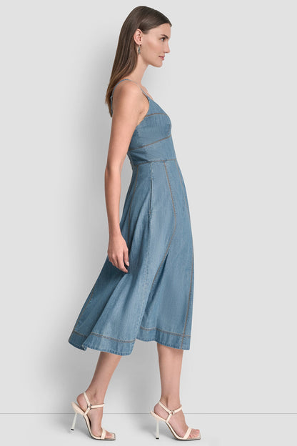 DENIM MIDI FIT & FLARE DRESS