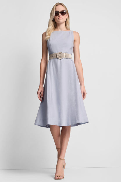 LINEN-BLEND MIDI FIT & FLARE DRESS