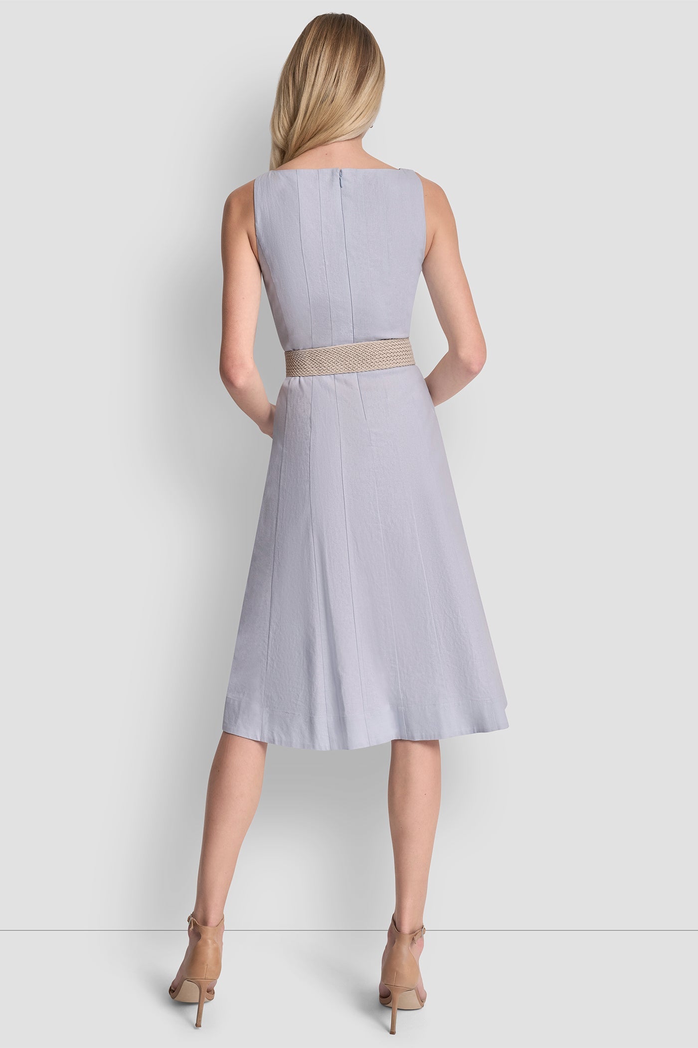 LINEN-BLEND MIDI FIT & FLARE DRESS