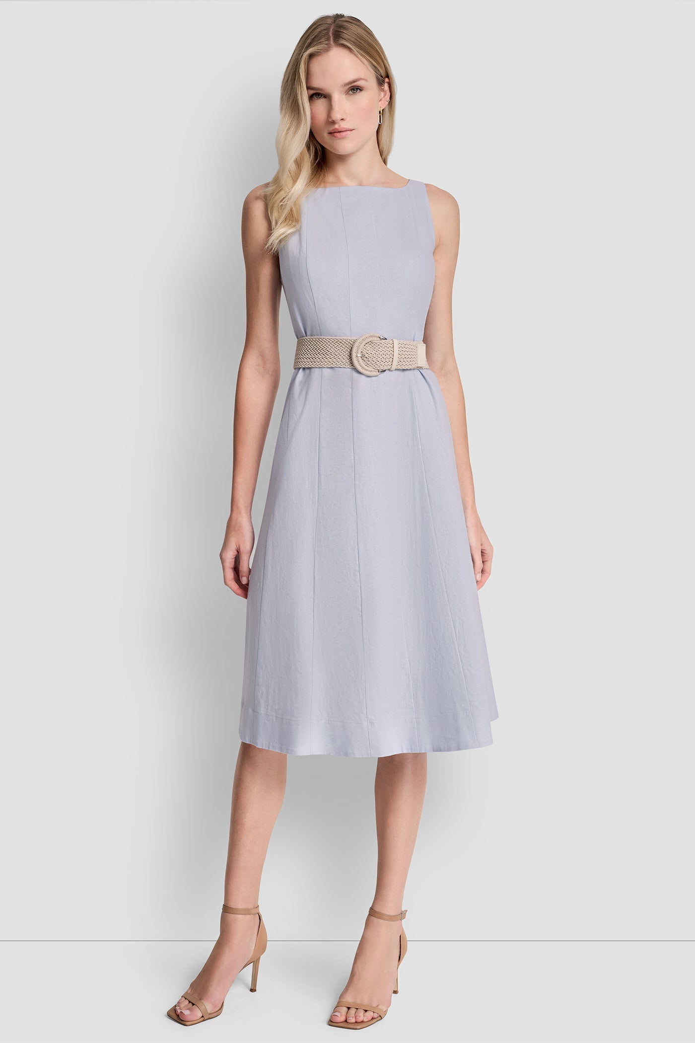 LINEN-BLEND MIDI FIT & FLARE DRESS
