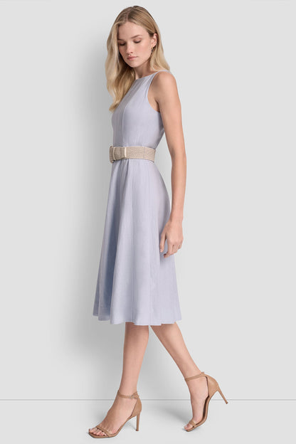 LINEN-BLEND MIDI FIT & FLARE DRESS