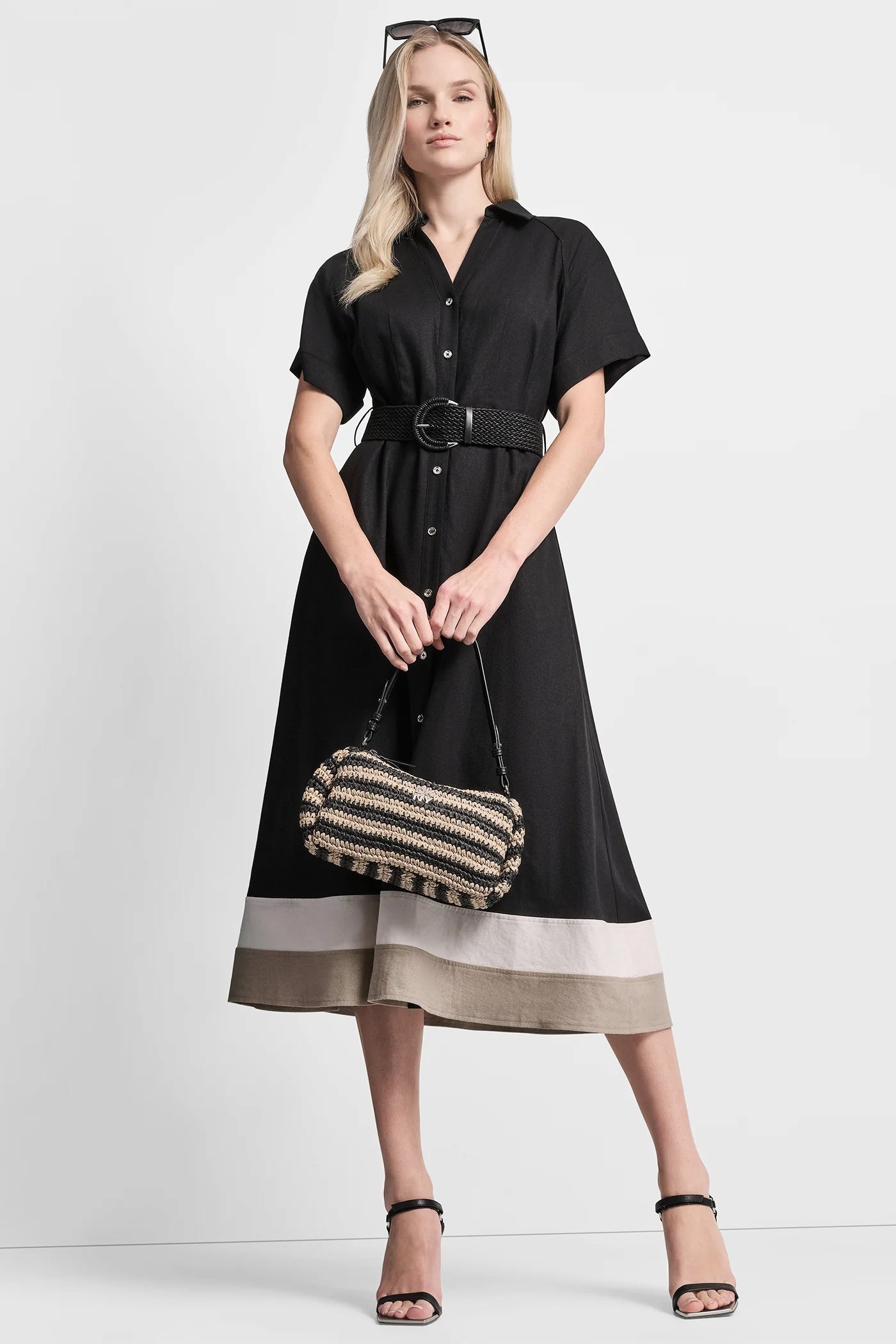 COLOR-BLOCK FIT & FLARE MIDI SHIRT DRESS