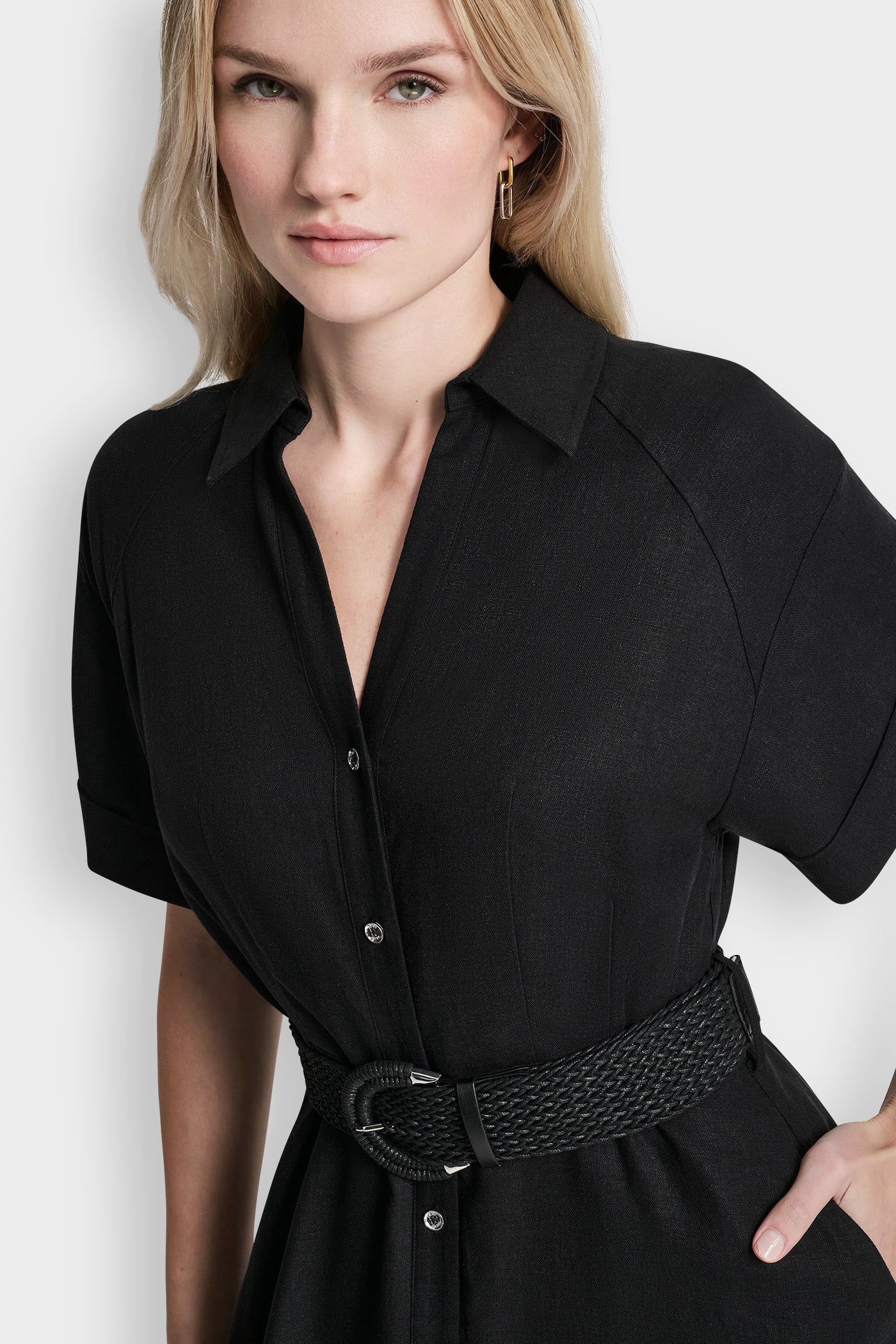 COLOR-BLOCK FIT & FLARE MIDI SHIRT DRESS