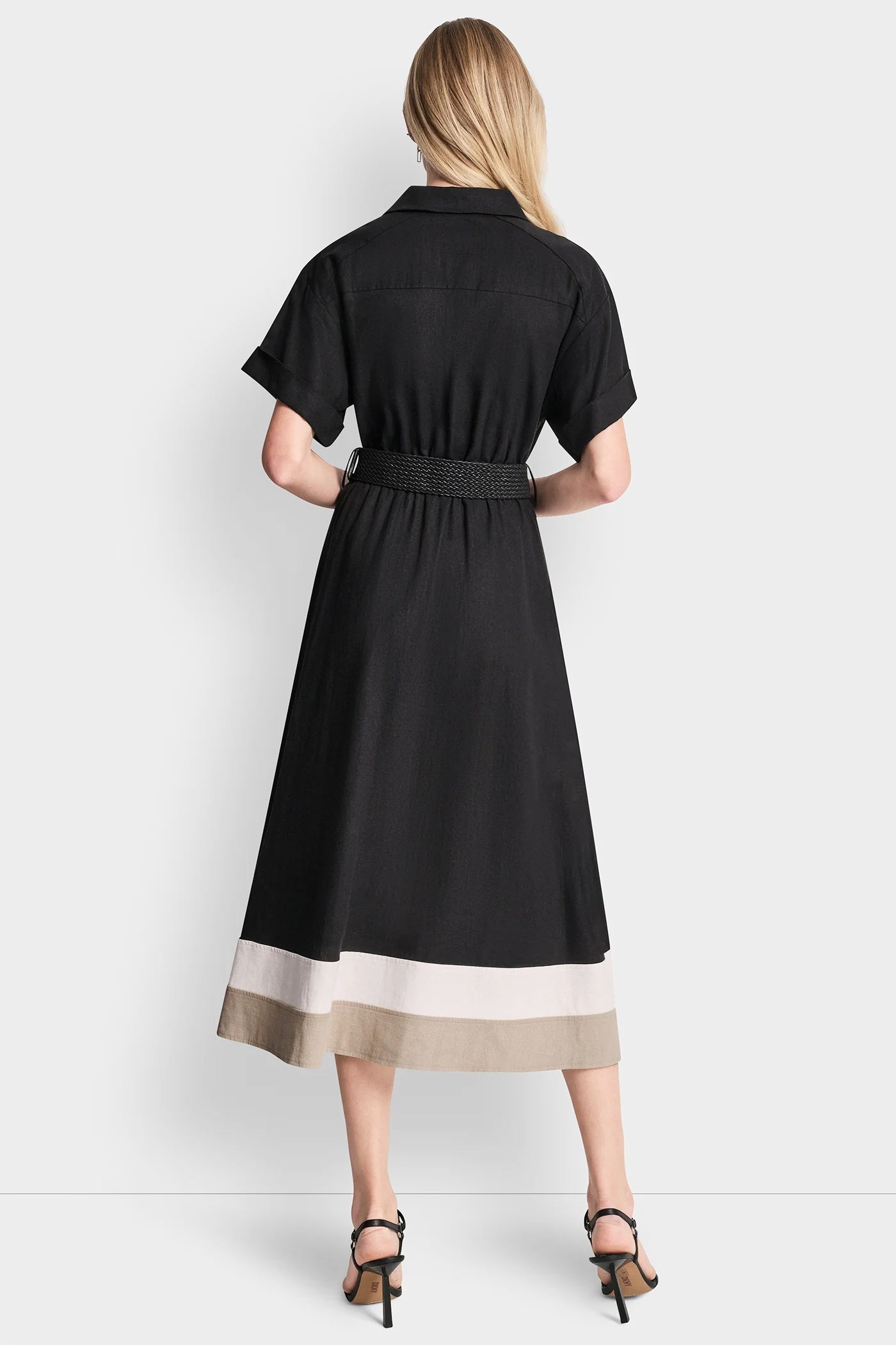 COLOR-BLOCK FIT & FLARE MIDI SHIRT DRESS