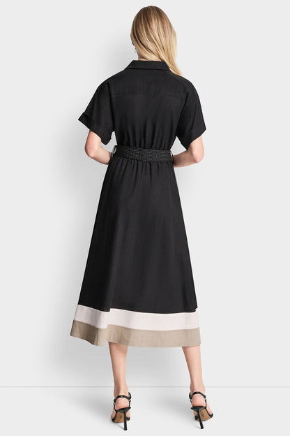 COLOR-BLOCK FIT & FLARE MIDI SHIRT DRESS