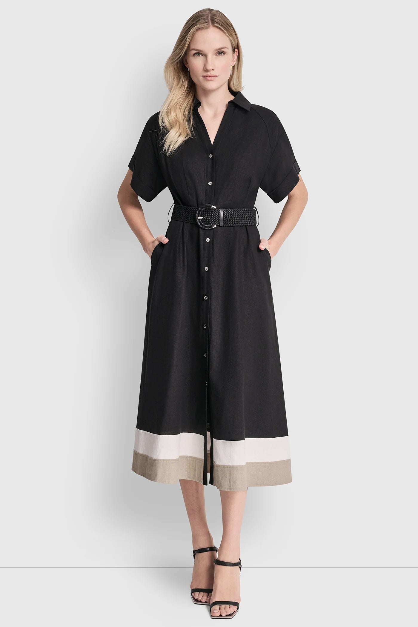 COLOR-BLOCK FIT & FLARE MIDI SHIRT DRESS