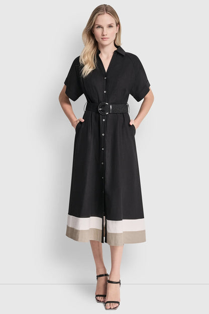 COLOR-BLOCK FIT & FLARE MIDI SHIRT DRESS