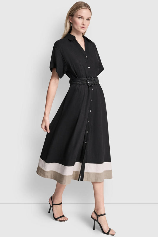 COLOR-BLOCK FIT & FLARE MIDI SHIRT DRESS