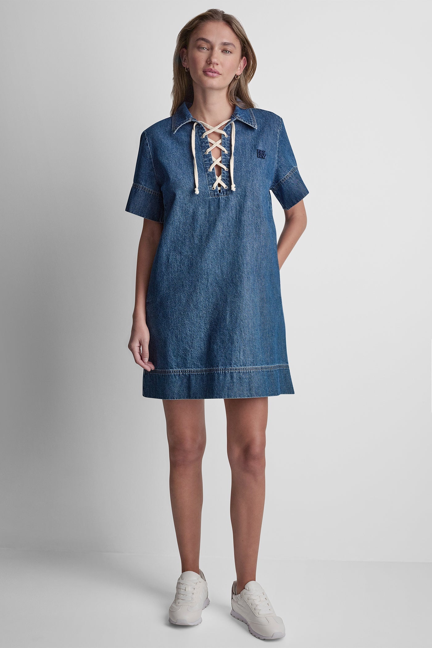 LACE UP DENIM SHIFT DRESS