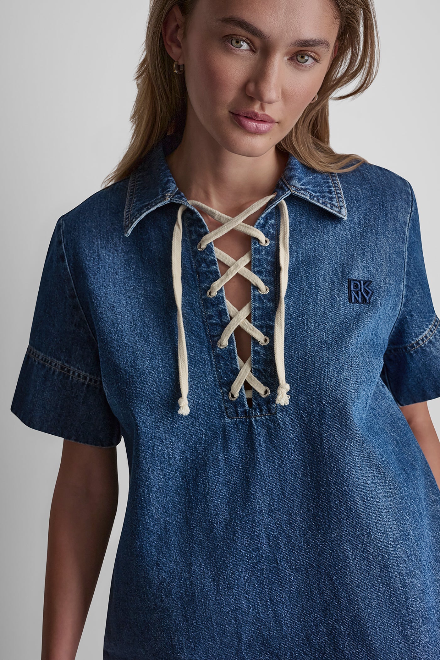 LACE UP DENIM SHIFT DRESS