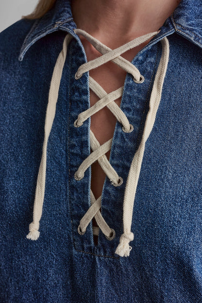 LACE UP DENIM SHIFT DRESS