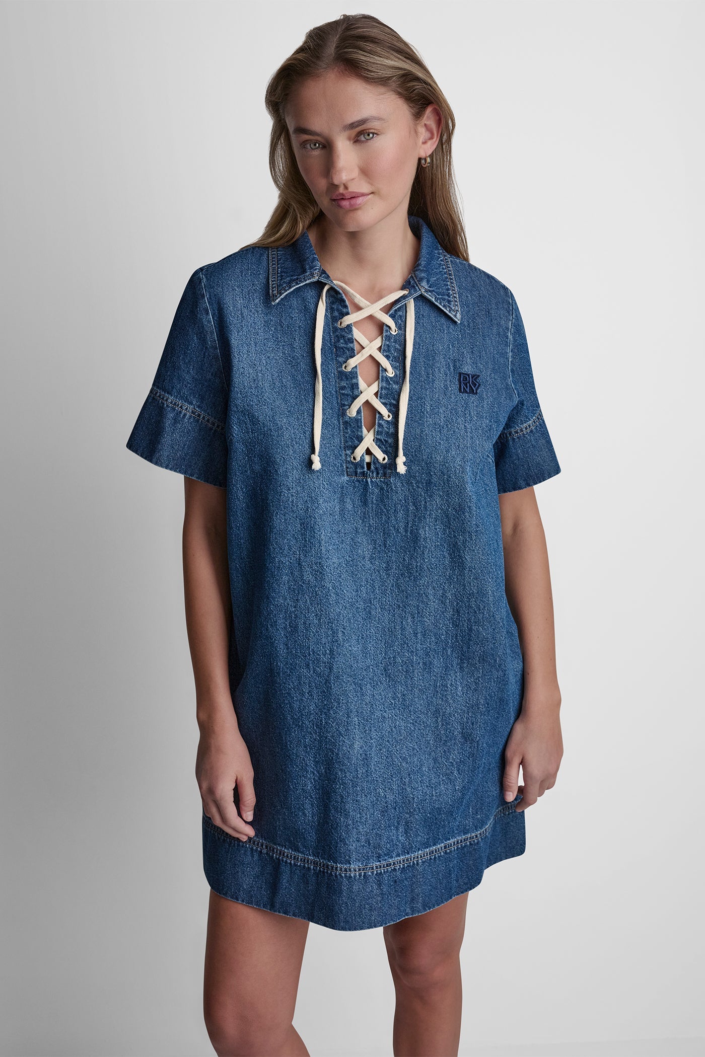 LACE UP DENIM SHIFT DRESS