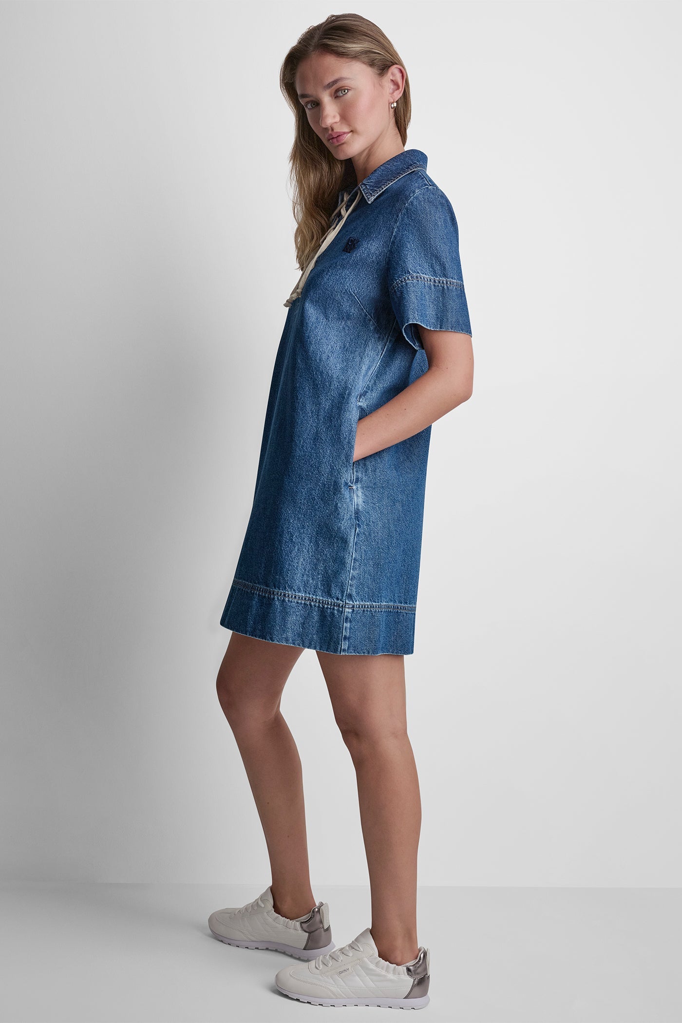 LACE UP DENIM SHIFT DRESS