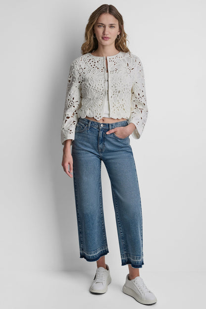 FLORAL CROCHET CARDIGAN WITH SCALLOP HEM