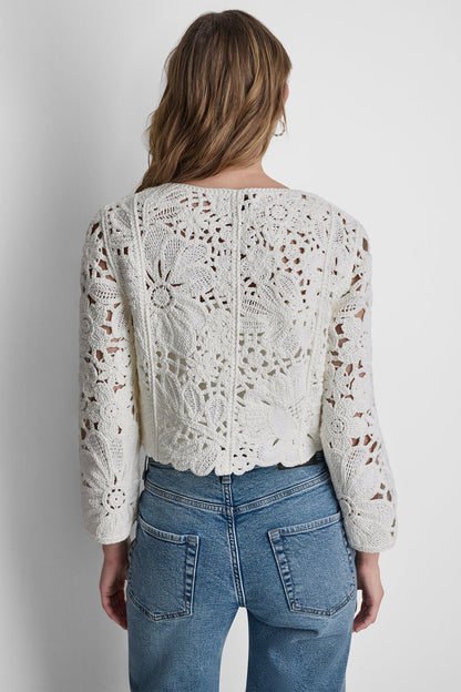 FLORAL CROCHET CARDIGAN WITH SCALLOP HEM