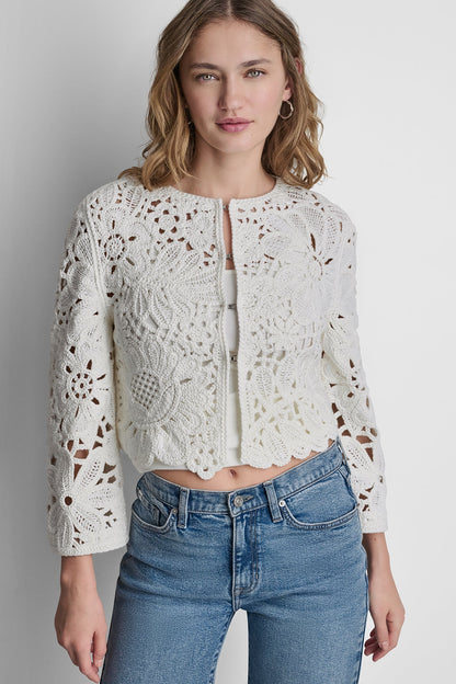 FLORAL CROCHET CARDIGAN WITH SCALLOP HEM