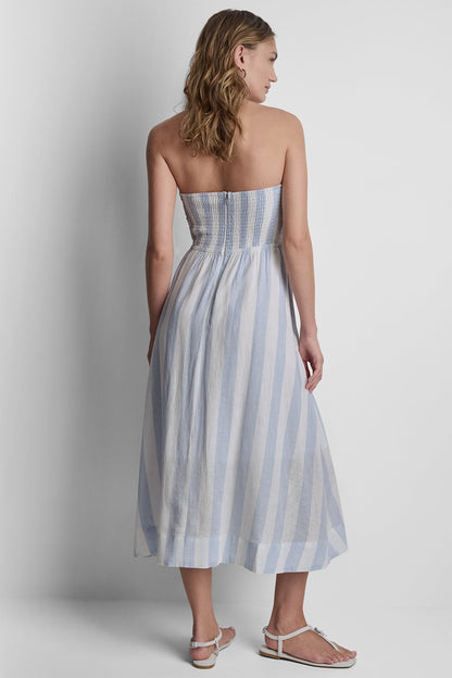 LINEN-BLEND STRAPLESS STRIPE DRESS