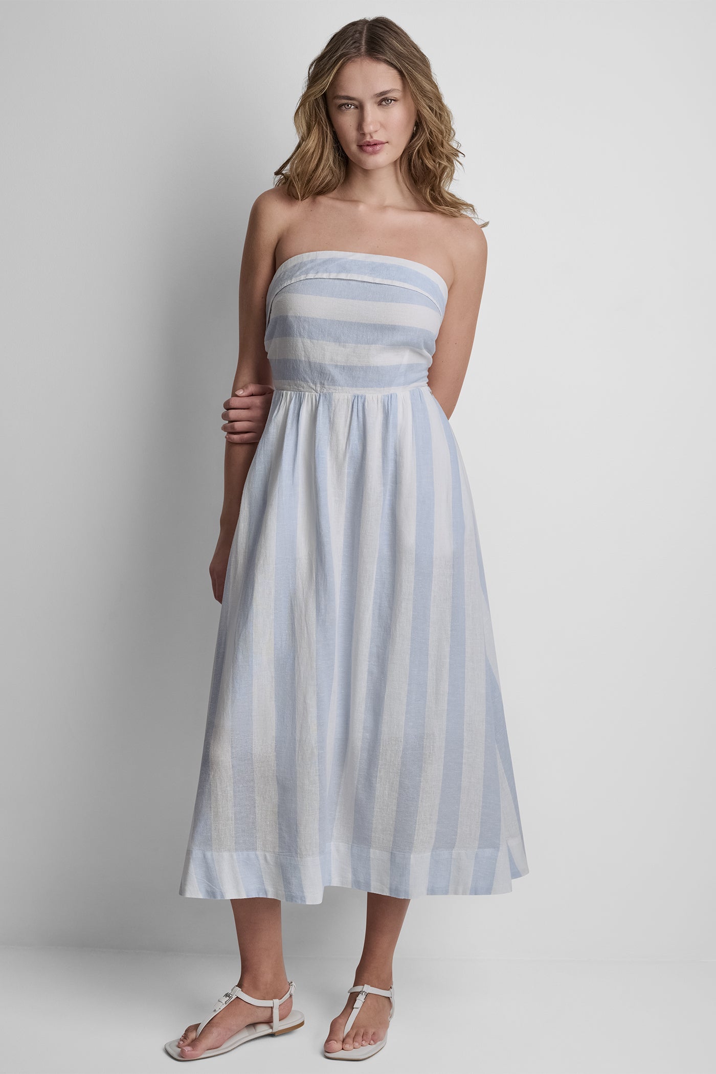 LINEN-BLEND STRAPLESS STRIPE DRESS
