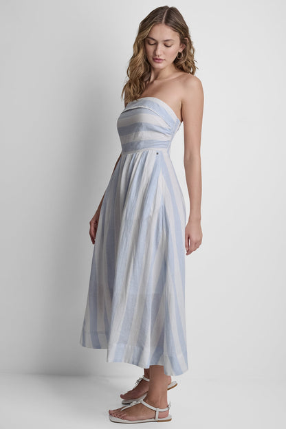 LINEN-BLEND STRAPLESS STRIPE DRESS