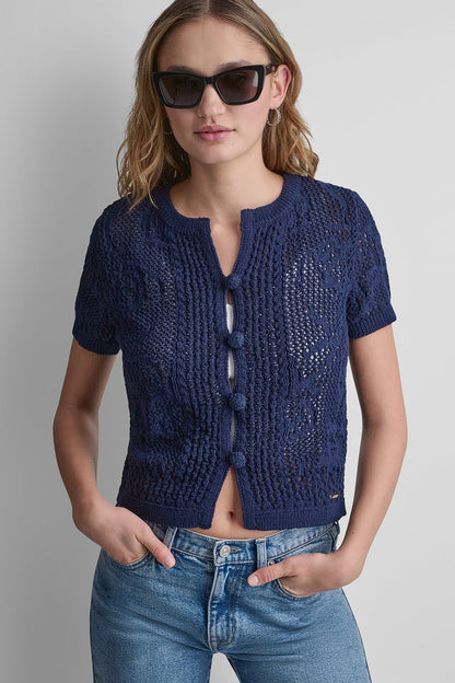 LACE STITCH BUTTON FRONT CARDIGAN