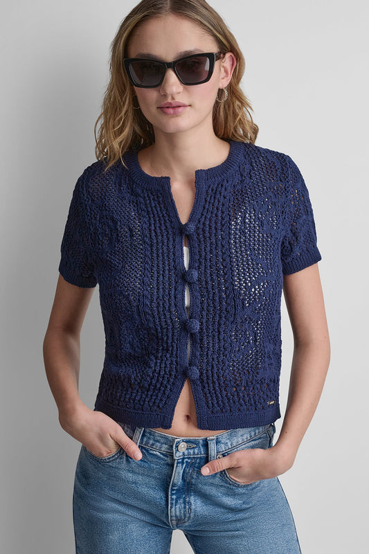 LACE STITCH BUTTON FRONT CARDIGAN