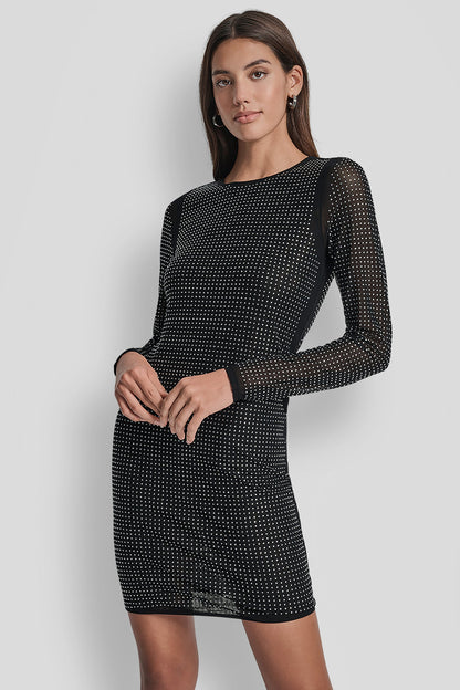 DOME STUDS MESH LONG SLEEVE DRESS