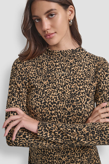 SIDE RUCHED HIGH NECK LONG SLEEVE TOP WITH RHINESTONE